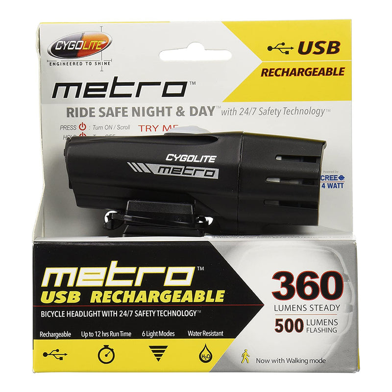Cygolite Metro Handlebar Mount USB Rechargeable Bicycle Headlight - 360 Lumens