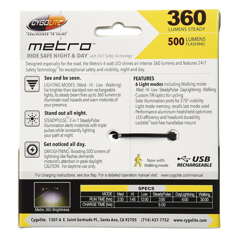 Cygolite Metro Handlebar Mount USB Rechargeable Bicycle Headlight - 360 Lumens
